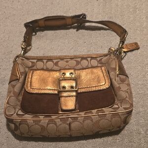 Coach Tan and Gold Signature Shoulder Bag